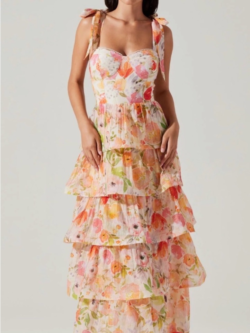 Astr Peach Multi Floral Tiered Maxi Dress with Tie Straps